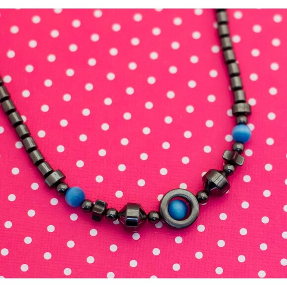 Vintage Black Cylinders Blue Spheres Necklace 17 1/2 inch - P6 - Picture 1 of 3